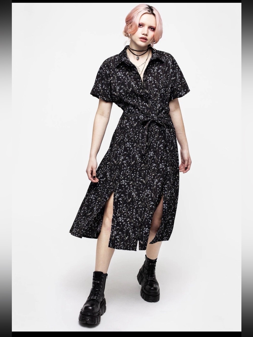 Disturbia Delphinium Midi Shirt Dress Women Size 12 Goth Whimsical Romantic